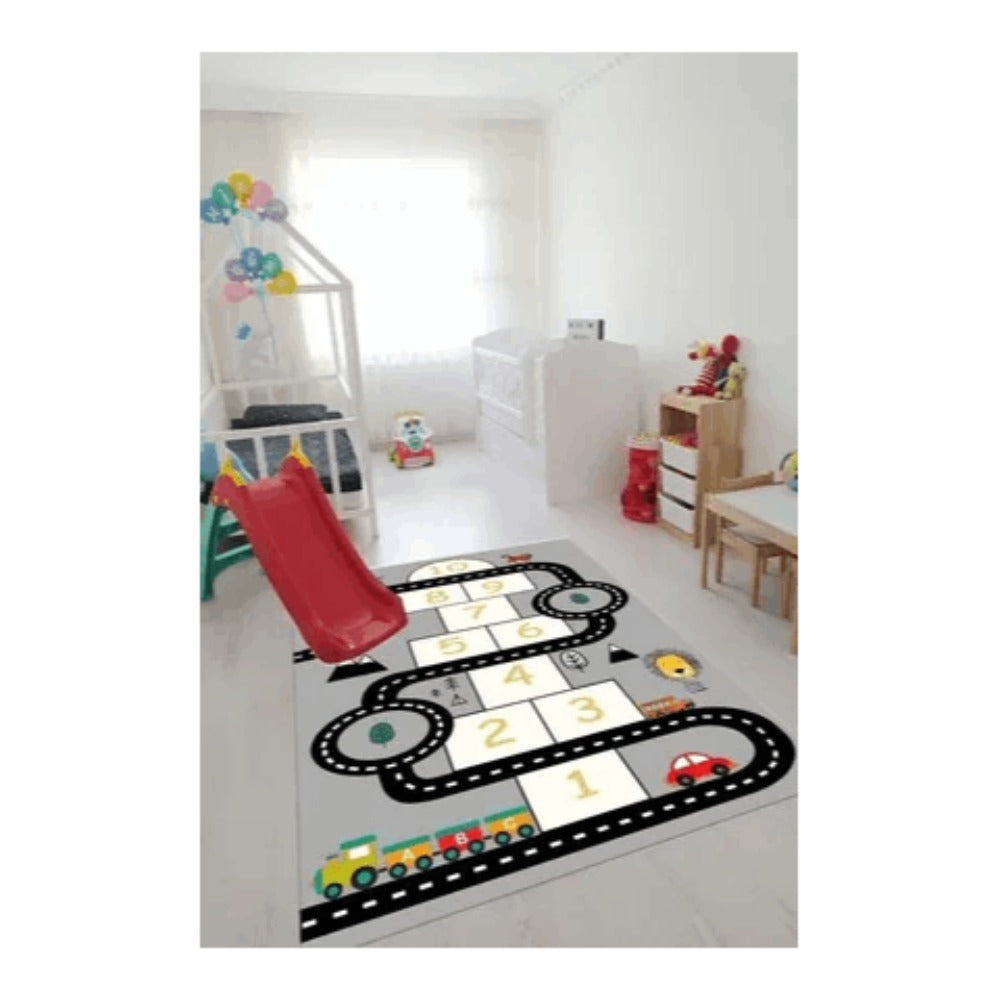 Kids Play Rug 4x6ft Race Track & Hopscotch Game | Washable Children Carpet | Colorful Train Design | Playroom Classroom Bedroom Rug | Digital Print Kids Area Rug 120x180cm