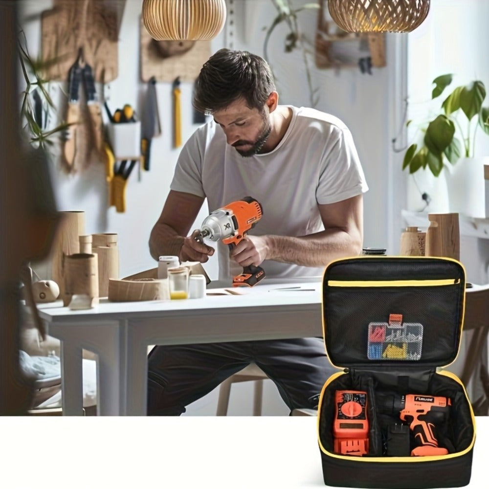 Tool Bag for Dewalt Cordless Router DCW600B XTR01Z - Heavy Duty Fabric Organizer with Mesh Pockets, Battery Holder, Charger Compartment, Drill Bit Storage, Black Yellow Trim