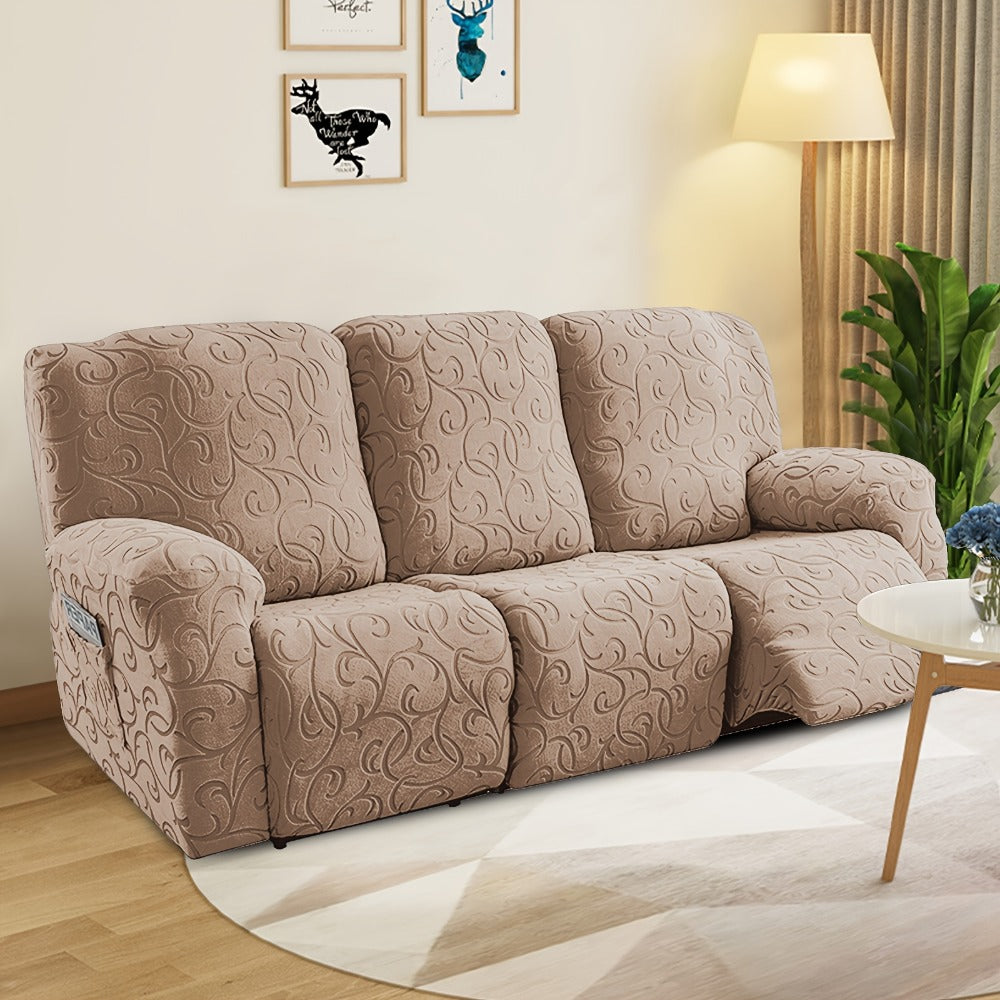 Chenille Recliner Sofa Cover 3 Seater High Stretch Thickened Hooked Fabric - Machine Washable Wear Resistant Couch Slipcover | Sand Color Light Grey Chocolate | Living Room Bedroom Furniture Protector