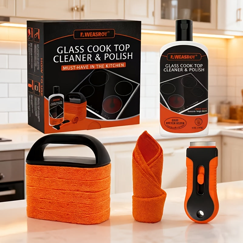Glass Stove Top Cleaner Kit 12oz Non-Abrasive No Scratch Cooktop Cleaner and Polish Removes Tough Grease Stains 9-Piece Set with Scrubbing Pad Handle Scraper and Cloth for Smooth Cooktop Range