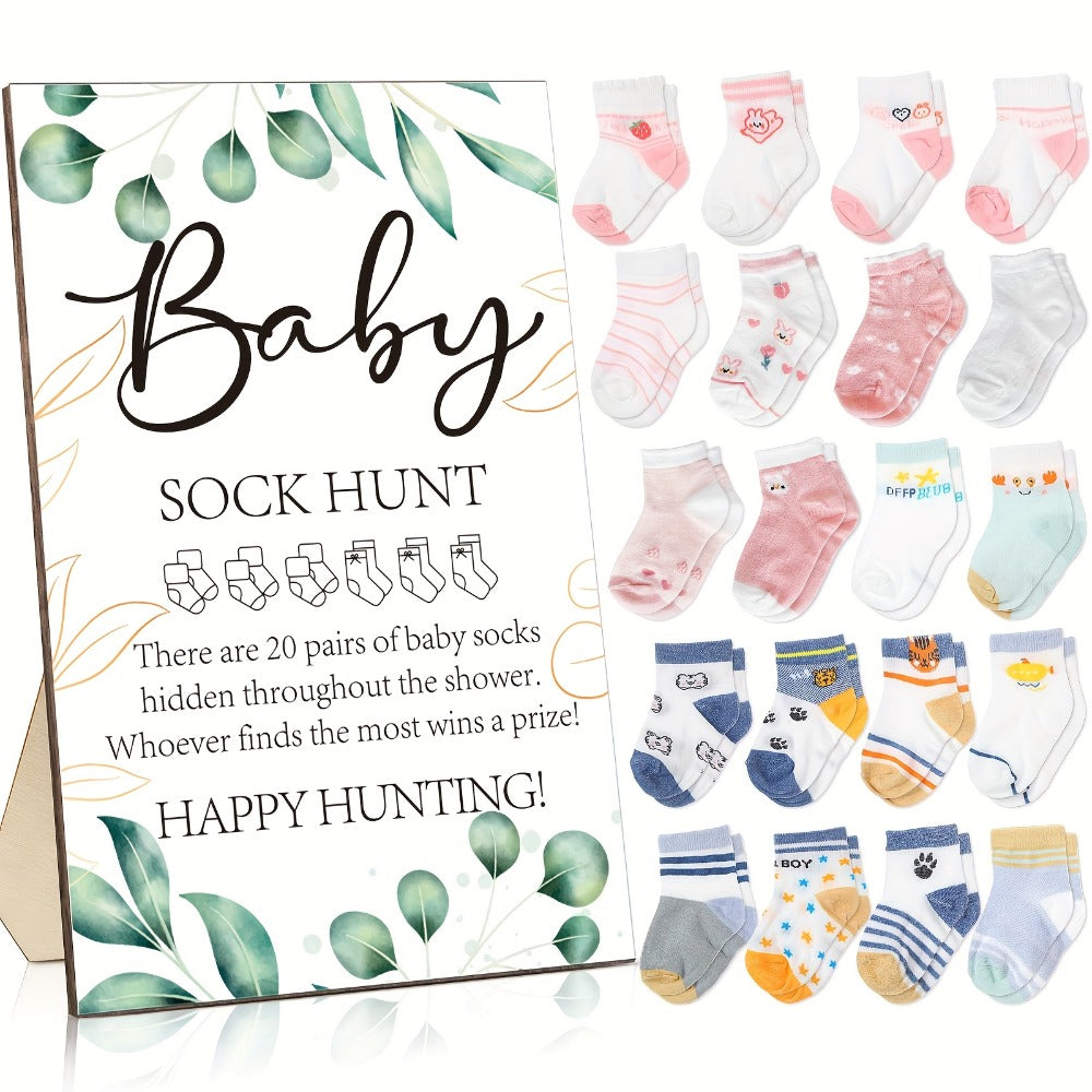 Baby Shower Sock Hunt Game Set 20 Pairs Cotton Socks with Wooden Table Sign Gender Reveal Party Favor
