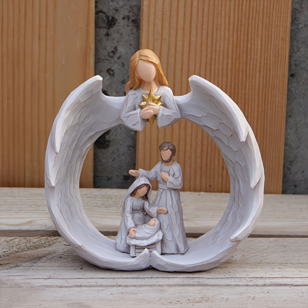 Nativity Scene Statue - Holy Family & Angel White Resin Figurine | Beautifully Crafted Religious Decor for Christmas, Easter & Holiday Indoor Decoration | Glam Faith Home Accent Gift