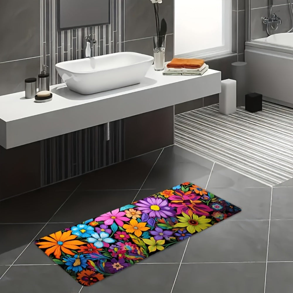 Kitchen Mat Floral Design ¨C Soft Non-Slip Rectangular Rug, Machine Washable 100% Polyester Floor Mat for Kitchen, Bathroom, Laundry Room, Living Room & Bedroom