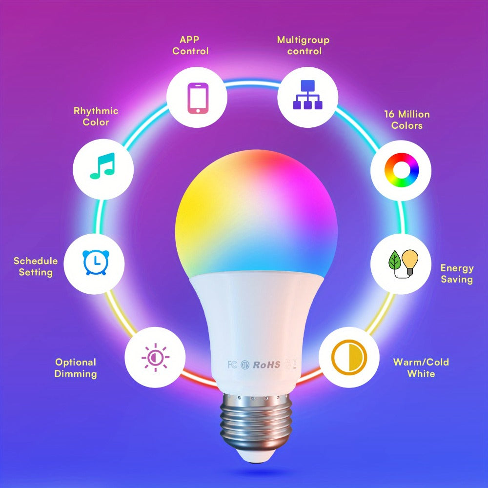 Smart Light Bulbs RGB Color Changing, WiFi A19 E26 LED Bulb Works with Alexa & Google Home, 2.4GHz Dimmable 800LM 60W Equivalent, Music Sync Voice Control App Remote, for Bedroom Party Home Decor