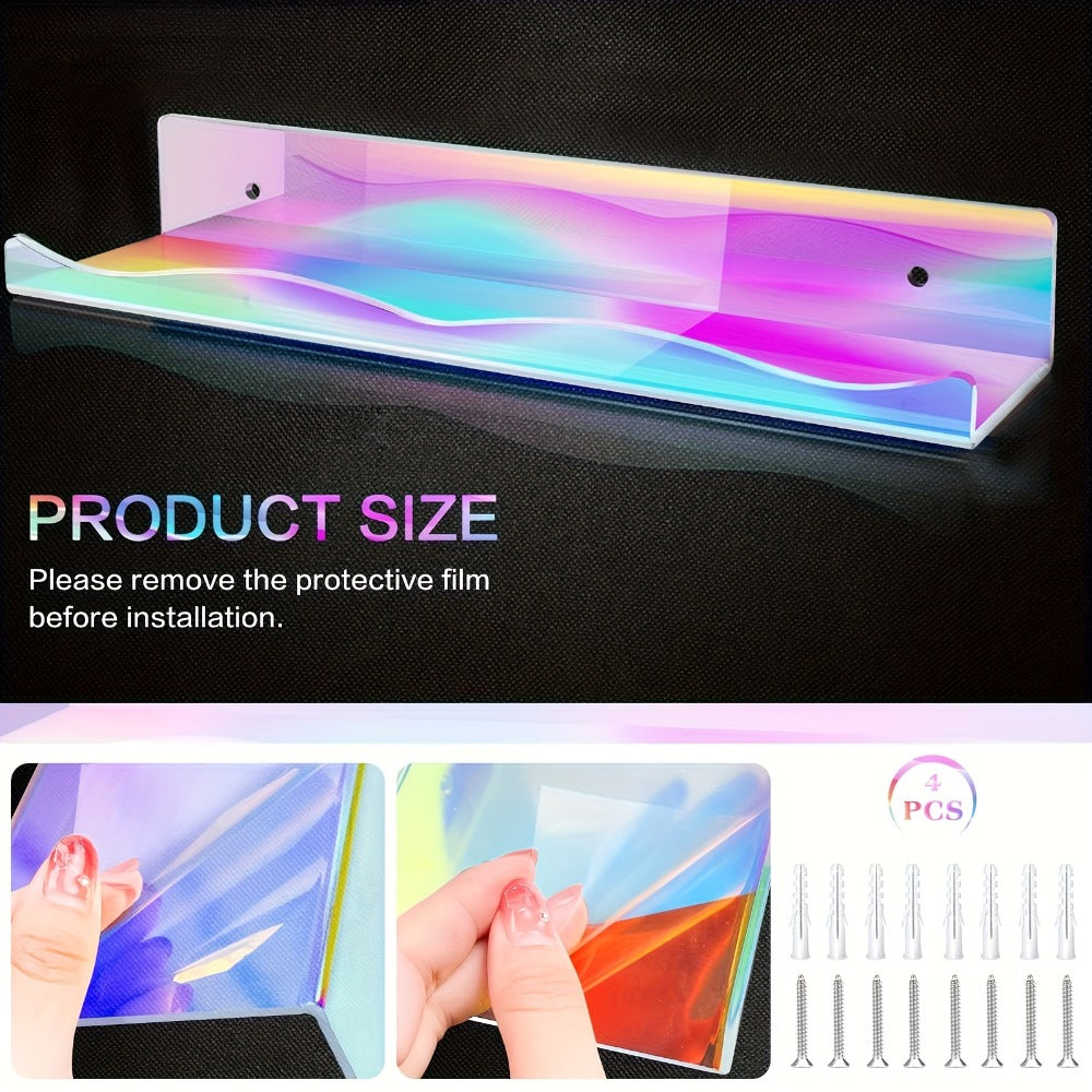 Iridescent Acrylic Floating Shelves Wall Mounted ¨C Colorful Rainbow Storage Rack for Nail Polish, Cosmetics & Sundries, Art Deco Style Bathroom & Bedroom Shelf, 2 or 4 Pack (Pink / Macaron / Clear)