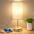 Bedside Table Lamp with USB-C Charging Port ¨C 3-Way Dimmable Touch Lamp, Wood Base Round Burlap Shade, Small Nightstand Desk Light with AC Outlet & A19 LED Bulb Included for Bedroom Living Room Office