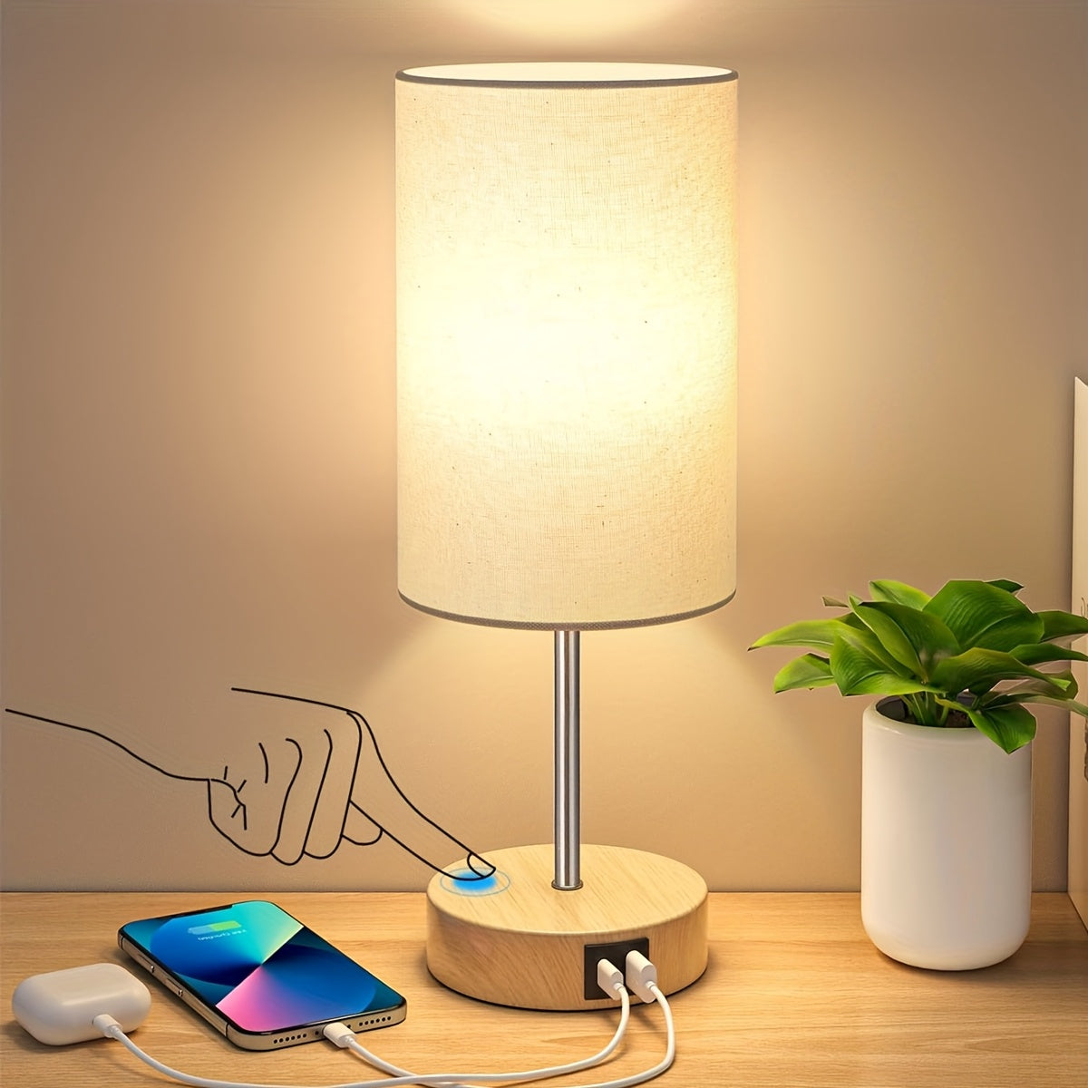 Bedside Table Lamp with USB-C Charging Port ¨C 3-Way Dimmable Touch Lamp, Wood Base Round Burlap Shade, Small Nightstand Desk Light with AC Outlet & A19 LED Bulb Included for Bedroom Living Room Office