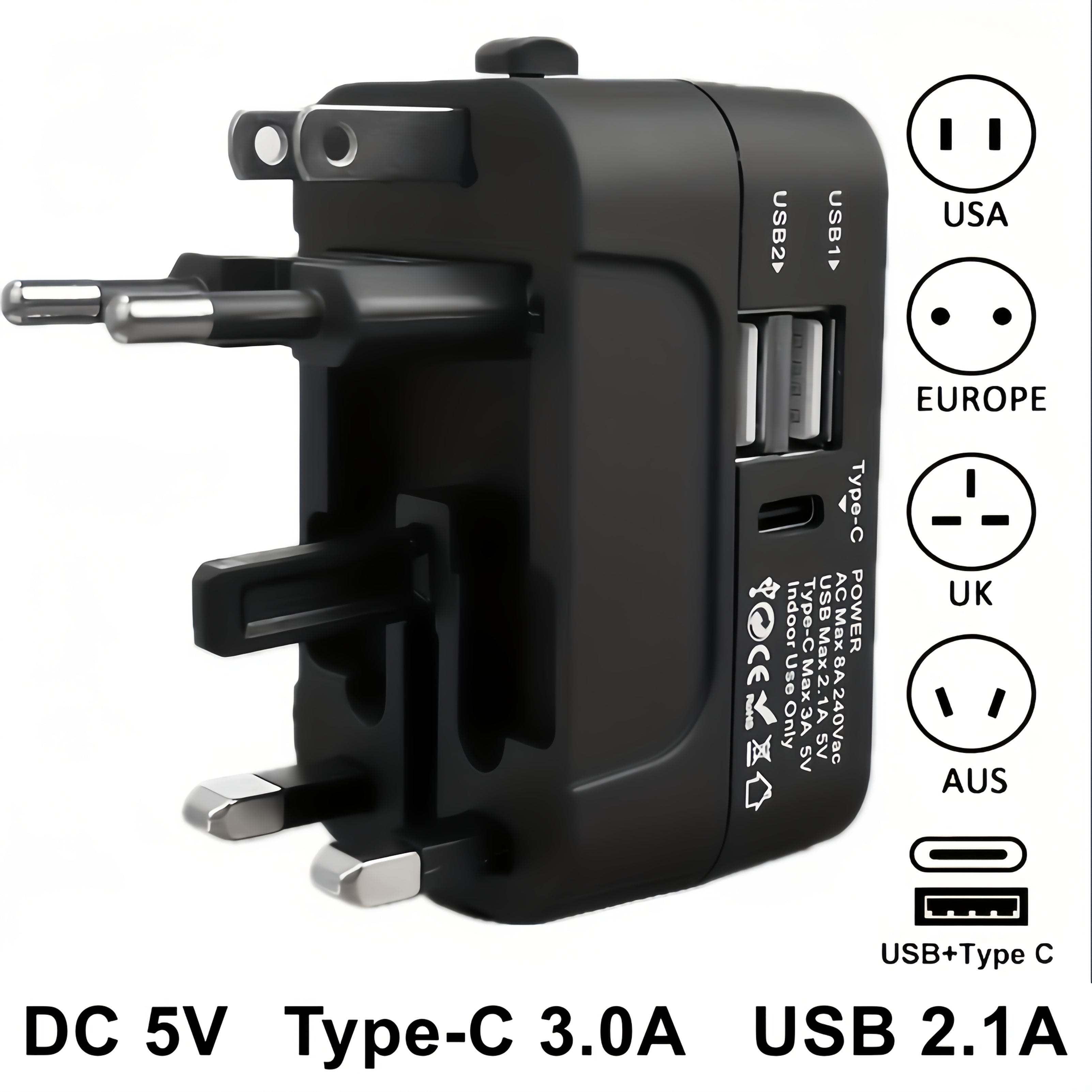 Universal Travel Adapter with Surge Protection - 2 USB & Type-C Ports, All-in-One International Plug for 350+ Countries, 100-240V Input, Fast Charging, Compact Lightweight Design, White & Black
