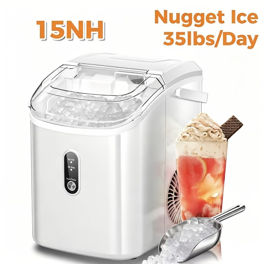 Countertop Nugget Ice Maker 35lbs in 24hrs, Self-Cleaning Portable Ice Machine with Ice Scoop & Basket, Stainless Steel, for Home Kitchen Office Camping RV Bar