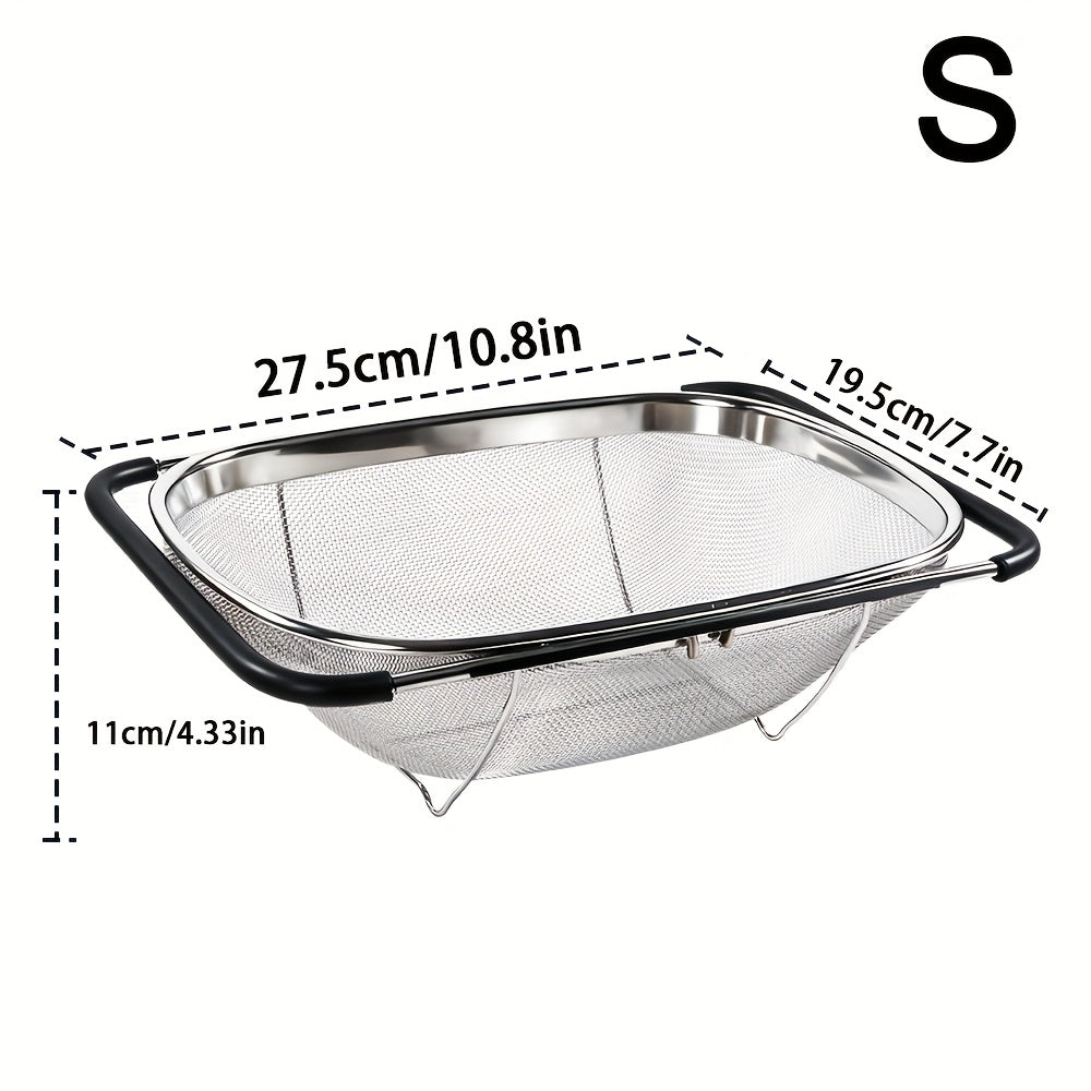 Expandable Sink Colander Stainless Steel ¨C Over the Sink Strainer Basket with Fine Mesh & Rubber Grip, Adjustable Kitchen Drain Strainer for Vegetables, Fruits & Pasta, Small & Large Size