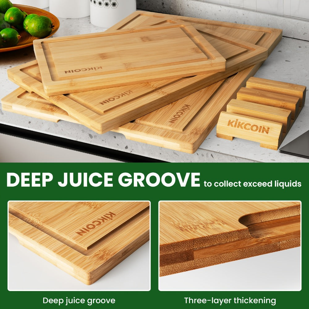 Bamboo Cutting Board Set 4pcs with Rack Juice Groove Knife Friendly Oversized Kitchen Chopping Boards for Meat Vegetables Fruit Multifunctional Gift for Family