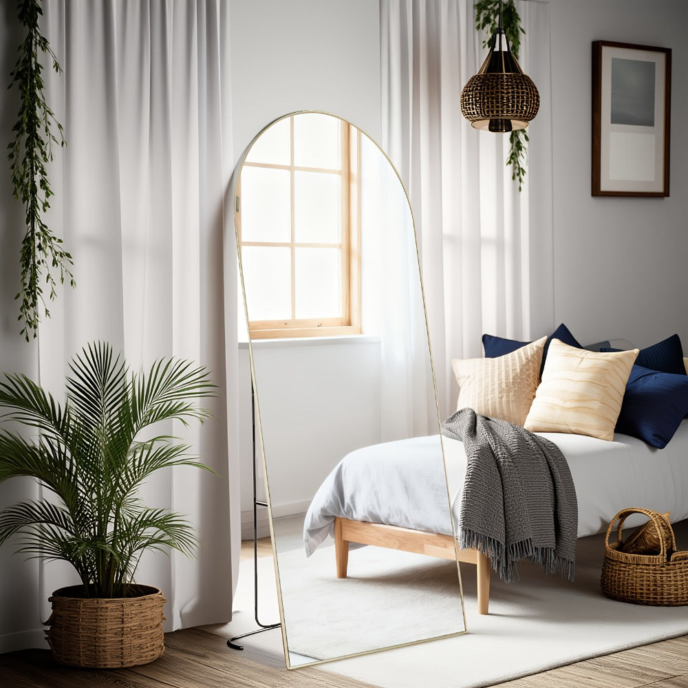 Full Length Mirror Floor Standing, Arched & Rect Body Mirror with Stand, Hanging or Leaning Wall Mirror, Aluminum Alloy Thin Frame for Bedroom Hotel Bathroom
