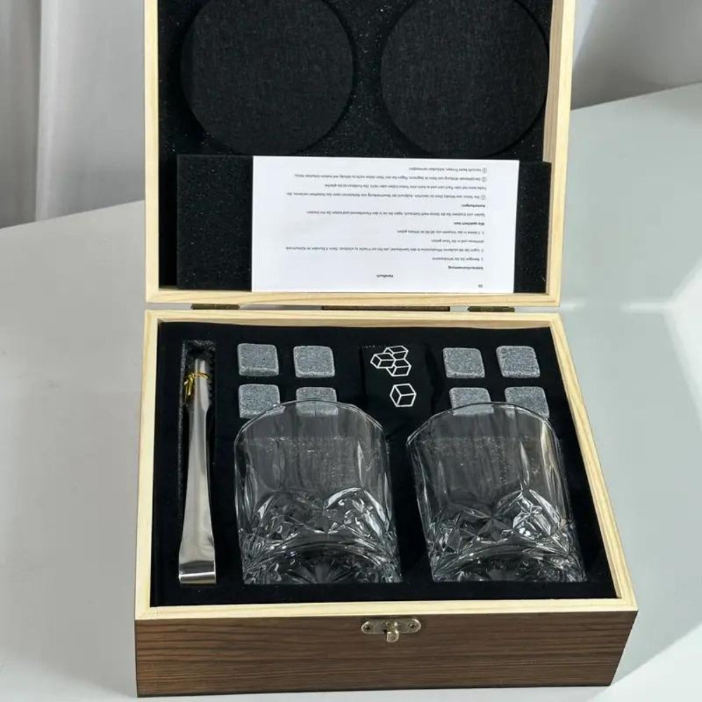 Whisky & Wine Glass Set with Cooling Stones, Ice Tong & Bartender Kit ¨C Portable Bar Accessories for Luxurious Drinking Experience, No Electricity Needed