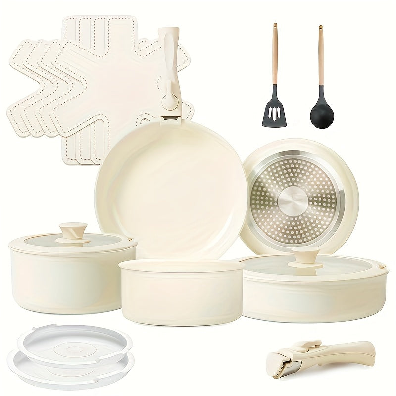 Ceramic Nonstick Cookware Set 17 Piece Pots and Pans with Removable Handles - PFOA Free Stackable Induction Ready Oven Dishwasher Safe RV Kitchen Set Frying Pans Sauce Pans Beige