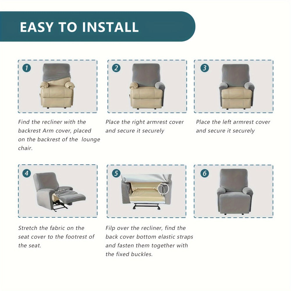 Recliner Chair Cover Slipcover 4-Piece Set ¨C Leaf Jacquard Stretch Furniture Protector with Storage Pocket, Non-Slip Recliner Sofa Cover for Living Room, Machine Washable, 6 Colors Available