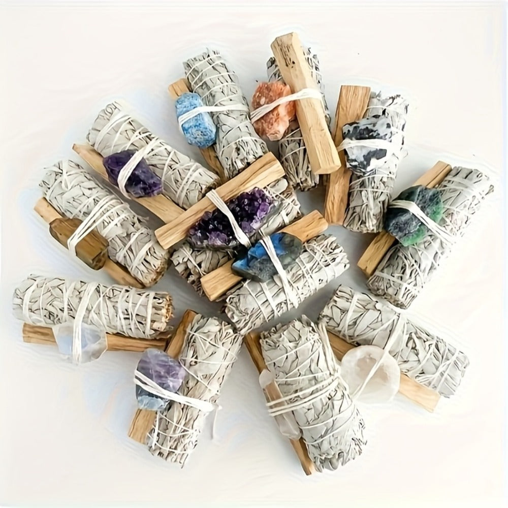 Natural Crystal White Sage Smudge Set for Space Cleansing Home Rituals Meditation Decor Teacher Appreciation Easter Gift Random Crystal