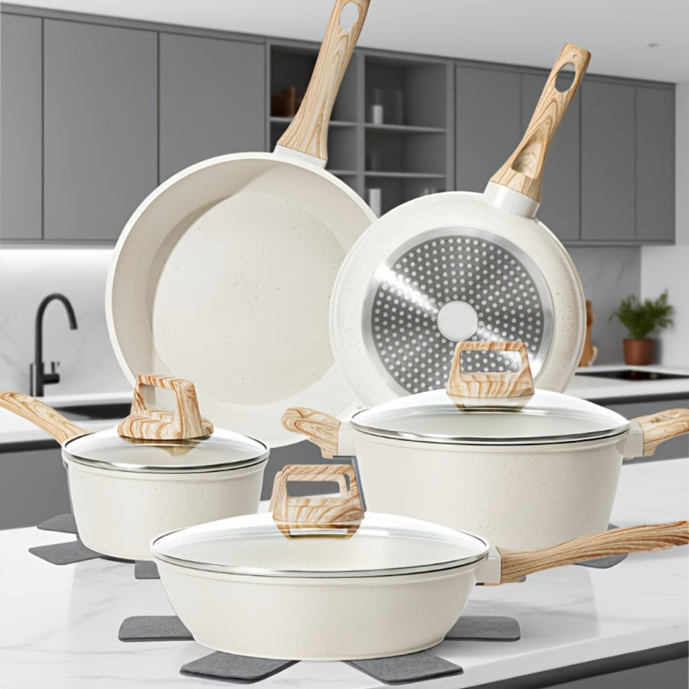 Pots and Pans Set 12-Piece Non-Stick Kitchen Cookware ¨C Complete Cooking Set with Frying Pan | Durable Even-Heating Non-Stick Coating | Available in Black & White | Home Kitchen Essentials