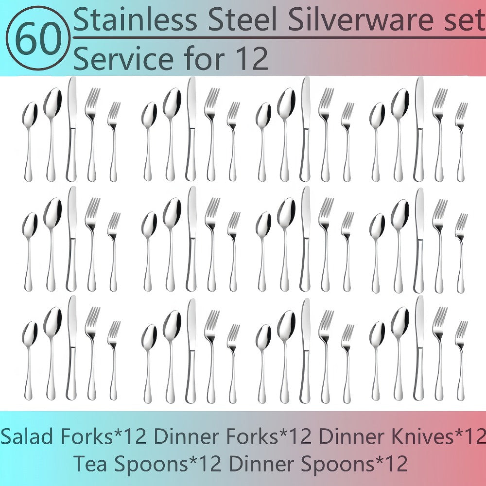 Flatware Set for 12, 60-Piece 304 Stainless Steel Cutlery Set with Mirror Polish & Titanium Plated Finish ¡ª Dishwasher Safe Silverware with Knife, Fork & Spoon | Silver, Gold & Rainbow