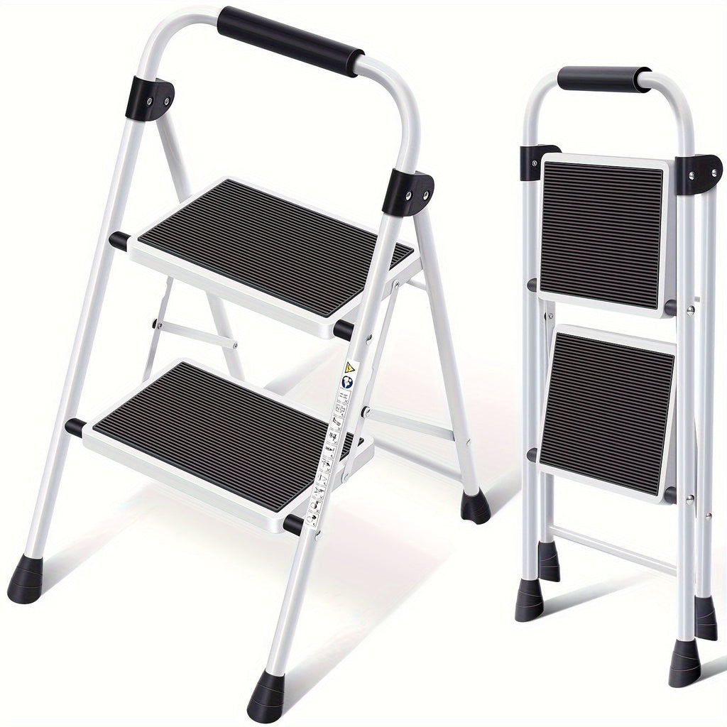 2 Step Ladder Foldable Heavy Duty Steel, Non-Slip Wide Pedal Step Stool with Safety Handle, Lightweight Portable Folding Step Ladder for Home Kitchen Bathroom Garage, 250lb Capacity, White & Red
