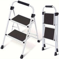 2 Step Ladder Foldable Heavy Duty Steel, Non-Slip Wide Pedal Step Stool with Safety Handle, Lightweight Portable Folding Step Ladder for Home Kitchen Bathroom Garage, 250lb Capacity, White & Red