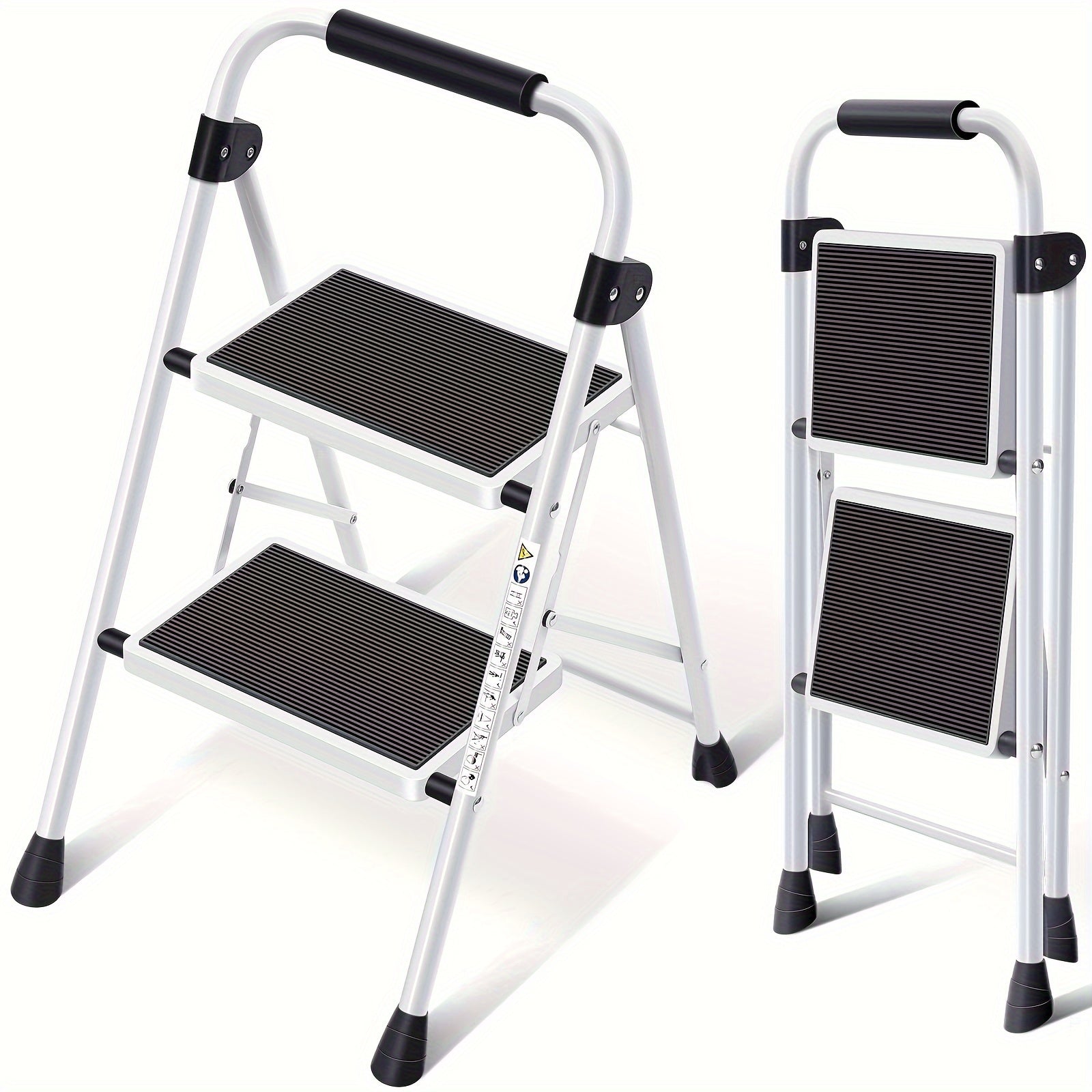 2 Step Ladder Foldable Heavy Duty Steel, Non-Slip Wide Pedal Step Stool with Safety Handle, Lightweight Portable Folding Step Ladder for Home Kitchen Bathroom Garage, 250lb Capacity, White & Red