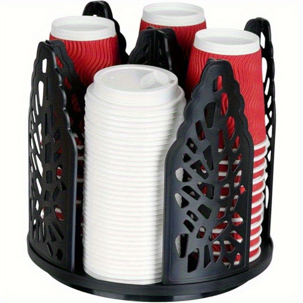Rotating Paper Cup Holder with 4 Compartments - Disposable Coffee Cup Dispenser Organizer Detachable Lid Storage Box for Countertop Kitchen Coffee Station Bathroom | White Black
