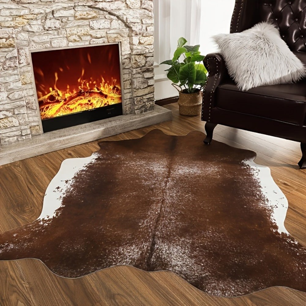 Faux Cowhide Rug Brown Western Style Area Carpet | Non-Slip Suede Backing | 5.2¡Á4.6 & 6.2¡Á5.2 Ft | Living Room Bedroom Office