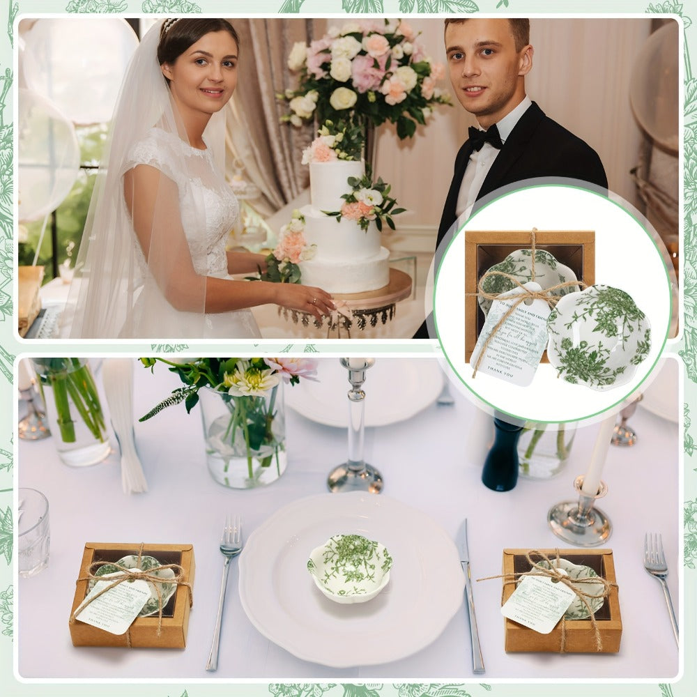 Wedding Favors for Guests 80 Pack Small Ceramic Bowls Bulk Set | 3.3 Inch Green Verdure Mini Dipping Bowl Sauce Dish with Cards & Box for Party Shower Souvenir