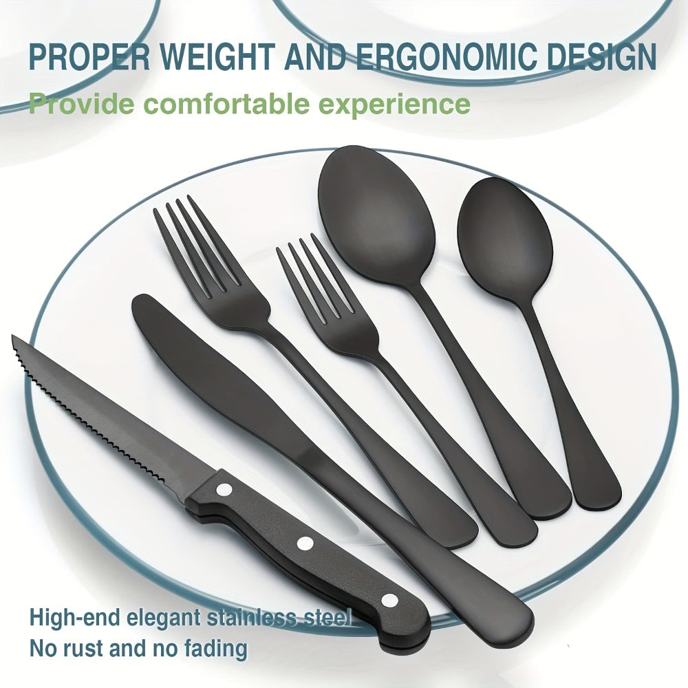 Stainless Steel Flatware Set with Steak Knives ¨C 24/48 Piece Silverware Set Service for 4 or 8, Mirror Polished Cutlery, Dishwasher Safe, Silver & Black