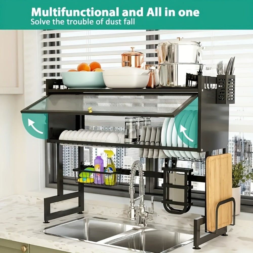 Dish Drying Rack Multi-Layer Kitchen Countertop Organizer - Dust-Free Drainer for Plates Bowls Utensils, Black Large Capacity Dish Rack