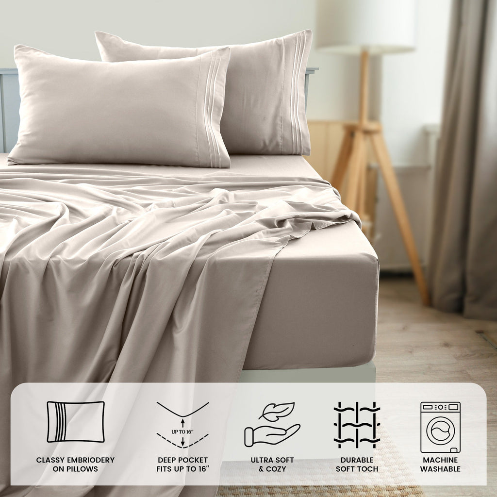 Fitted Sheet Set 6-Piece Brushed Polyester Deep Pocket Bed Sheets 20 Colors Hotel Luxury Soft Bedding with Embroidered Pillowcases