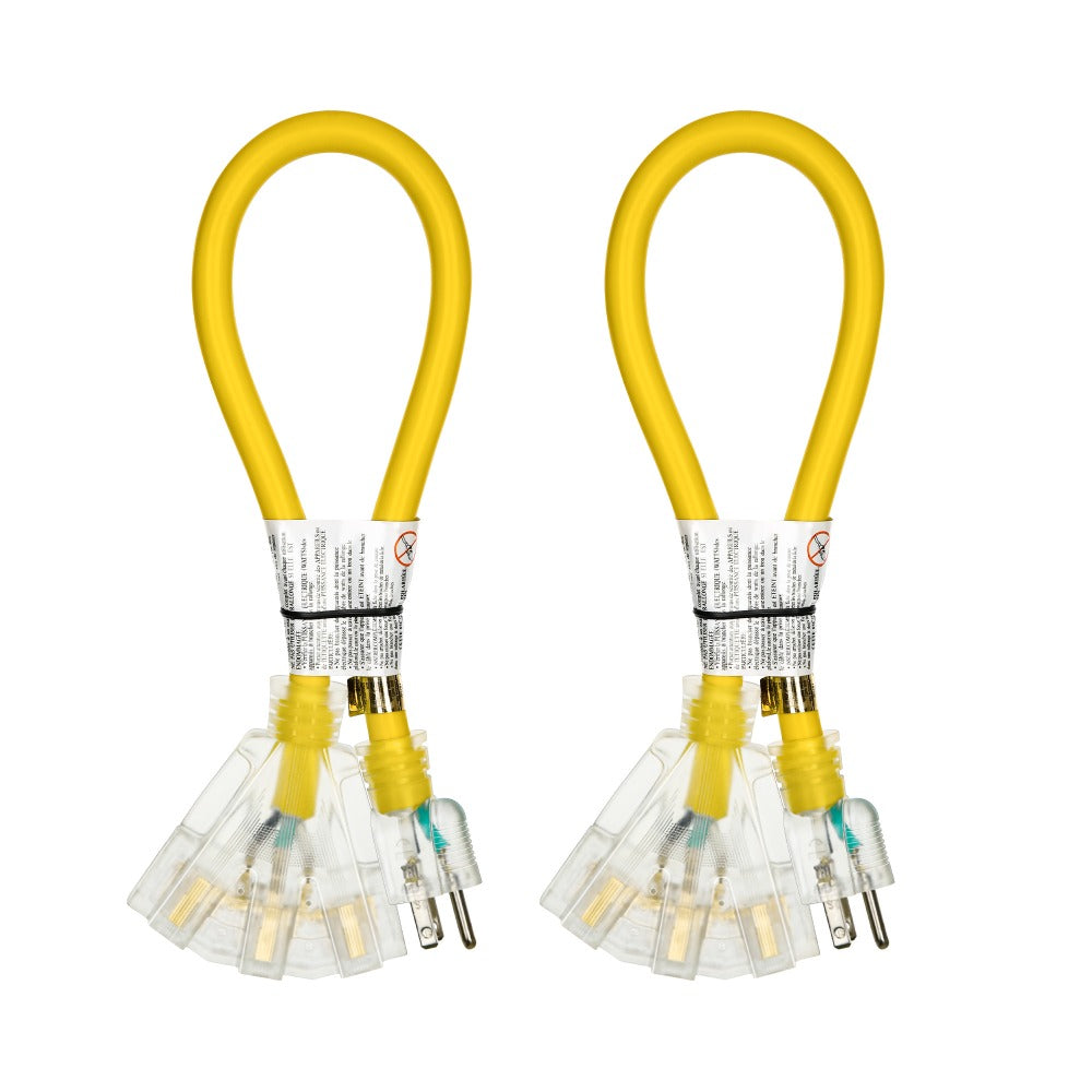 Heavy Duty Extension Cord Splitter Tri-Tap 2-Pack ¨C 15A SJTW Contractor Grade, LED Lighted Plug, 2ft Yellow Jacket for Outdoor & Job Site Use