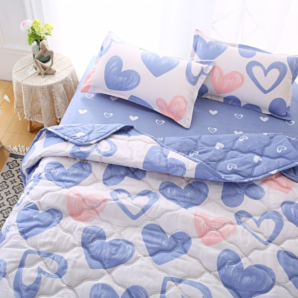 Summer Cooling Quilt Set 3-Piece, Skin-Friendly Thin Comforter with Embossed Print, Soft Breathable Four-Season Lightweight Quilt + 2 Pillowcases for Bedroom Hotel Sofa Single Double Full