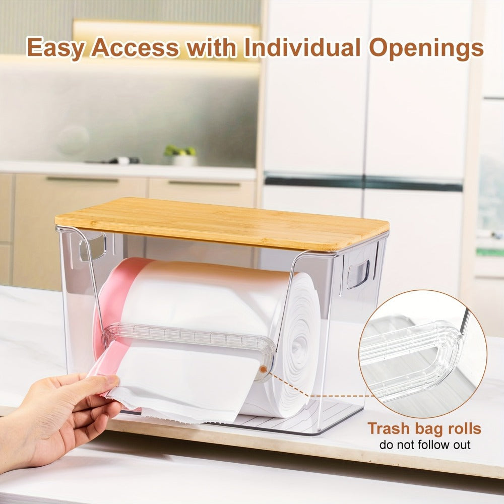 Clear Acrylic Trash Bag Dispenser Stackable with Bamboo Lid Extra Large Kitchen Organizer for Under Sink Laundry Room Pantry Holds 13 30 33 Gallon Bags 1 2 or 4 Pack