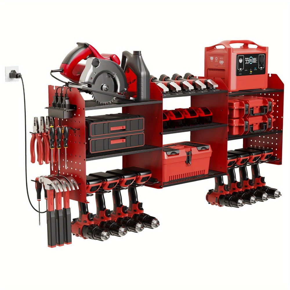 Power Tool Organizer Wall Mount with Charging Station | 3-Layer Cordless Drill Holder Storage Rack 45.5 Inch Heavy Duty ¨C Adjustable Garage Tool Shelf for Workshop & Tool Room