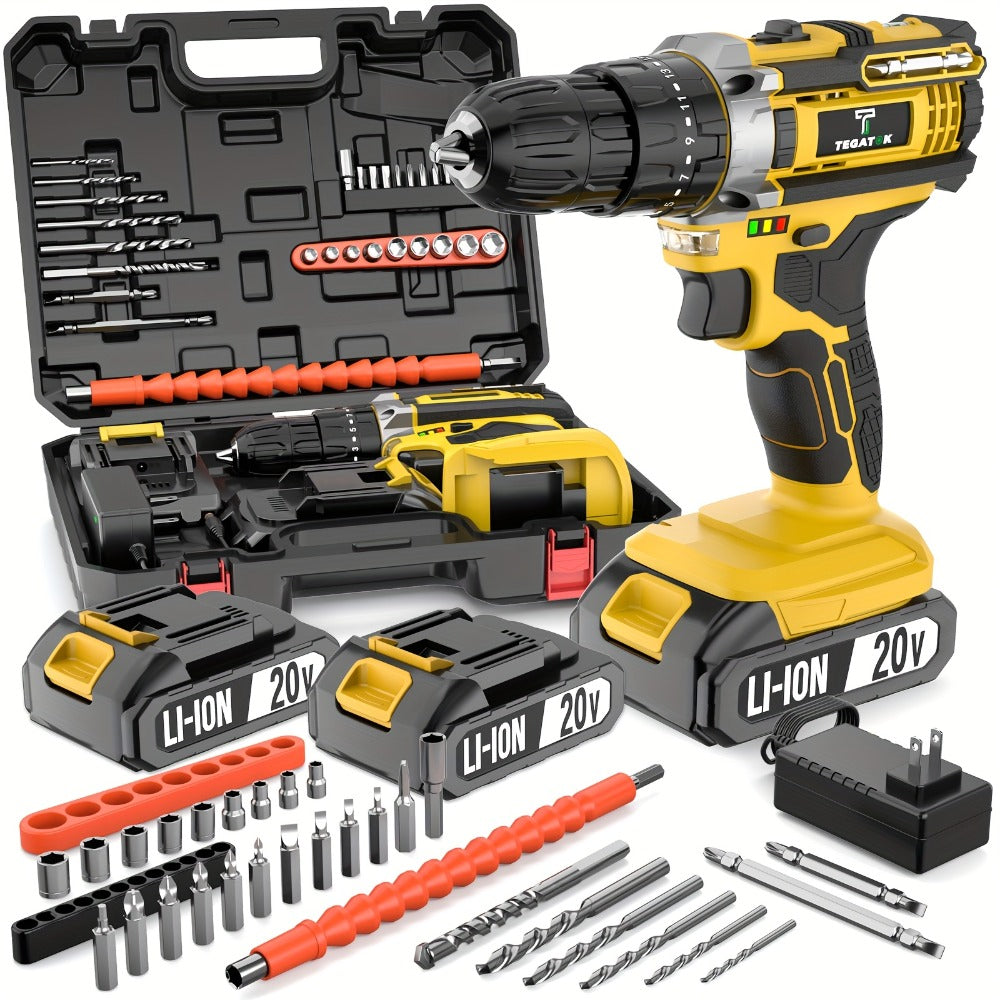 20V Cordless Drill Set Impact Power Drill 3/8 Inch Keyless Chuck 18+3 Clutch 45Nm Max Torque 2-Speed Work Light 2.0Ah Battery Fast Charger 136 148 PCS Kit
