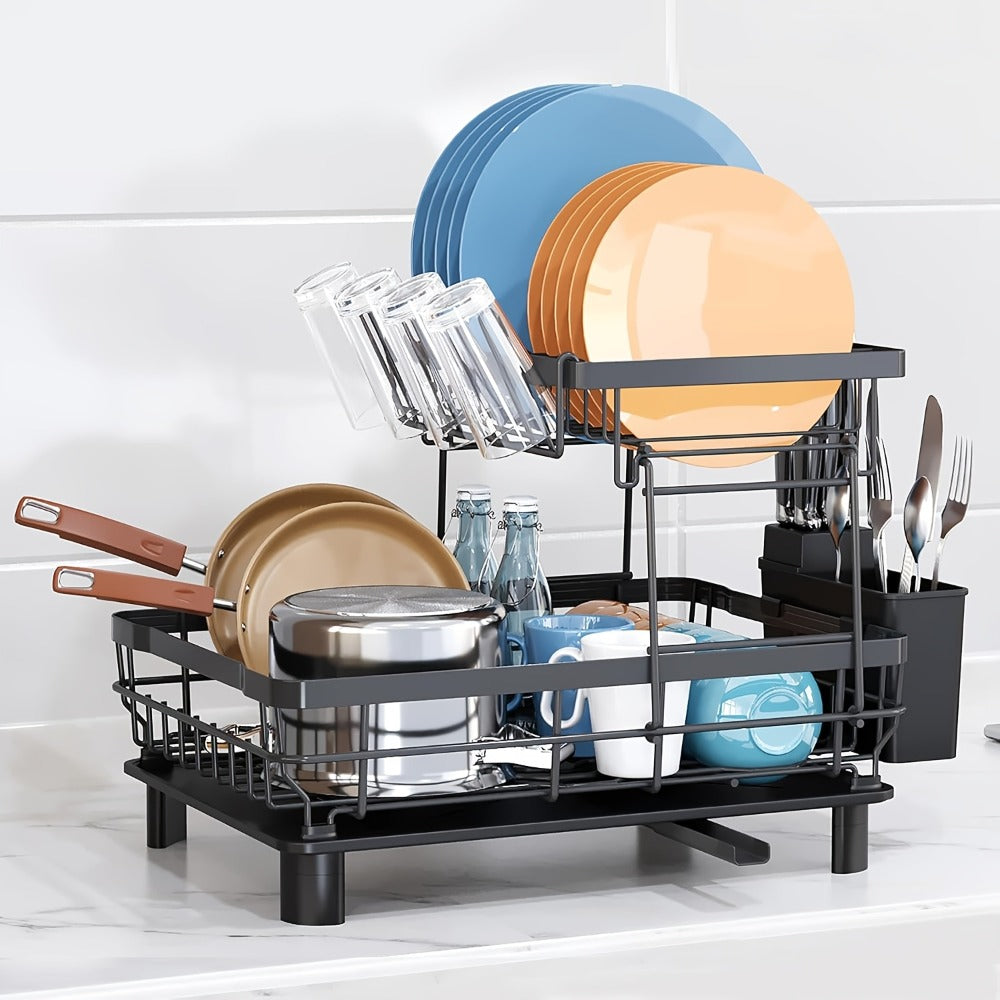 Dish Drying Rack 2-Tier Large Capacity Stainless Steel Detachable Dish Drainer for Kitchen Counter with Utensil Holder and Drain Board in Black White Gray