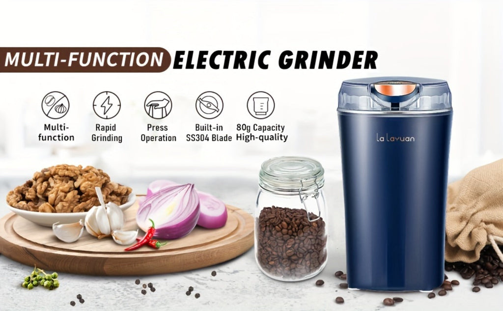 Electric Coffee Grinder 200W | Quiet Spice Grinder | 80g Large Capacity 12 Cups | 304 Stainless Steel Blade | One-Touch Operation | Grinds Coffee Beans Spices Nuts Grain | Blue Black