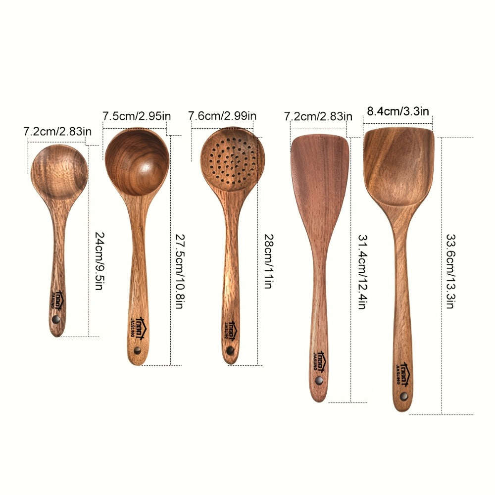 Wooden Kitchen Utensils Set 3/5/7Pcs ¨C Natural Wood Spoons, Spurtle, Ladle & Wok Spatulas for Non-Stick Pans | Heat Resistant, Ergonomic Handle, Easy to Clean