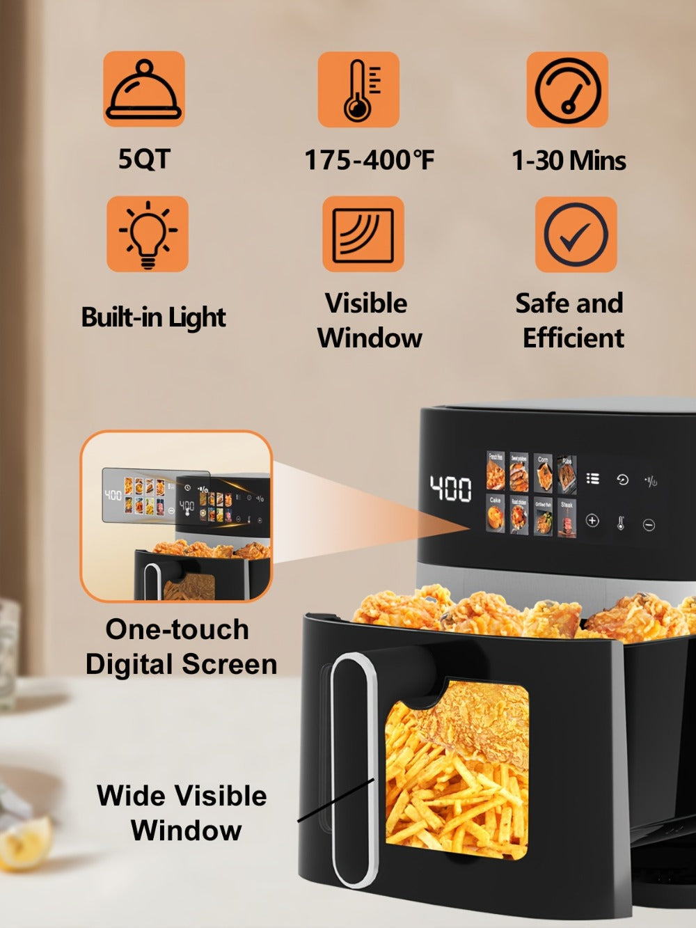Air Fryer 6QT Multi Function LED Digital Touchscreen Visible Window Oil Free Non-Stick Basket Warm Broil Toast Bake Air Fry Easy Clean Countertop Healthy Cooking Black