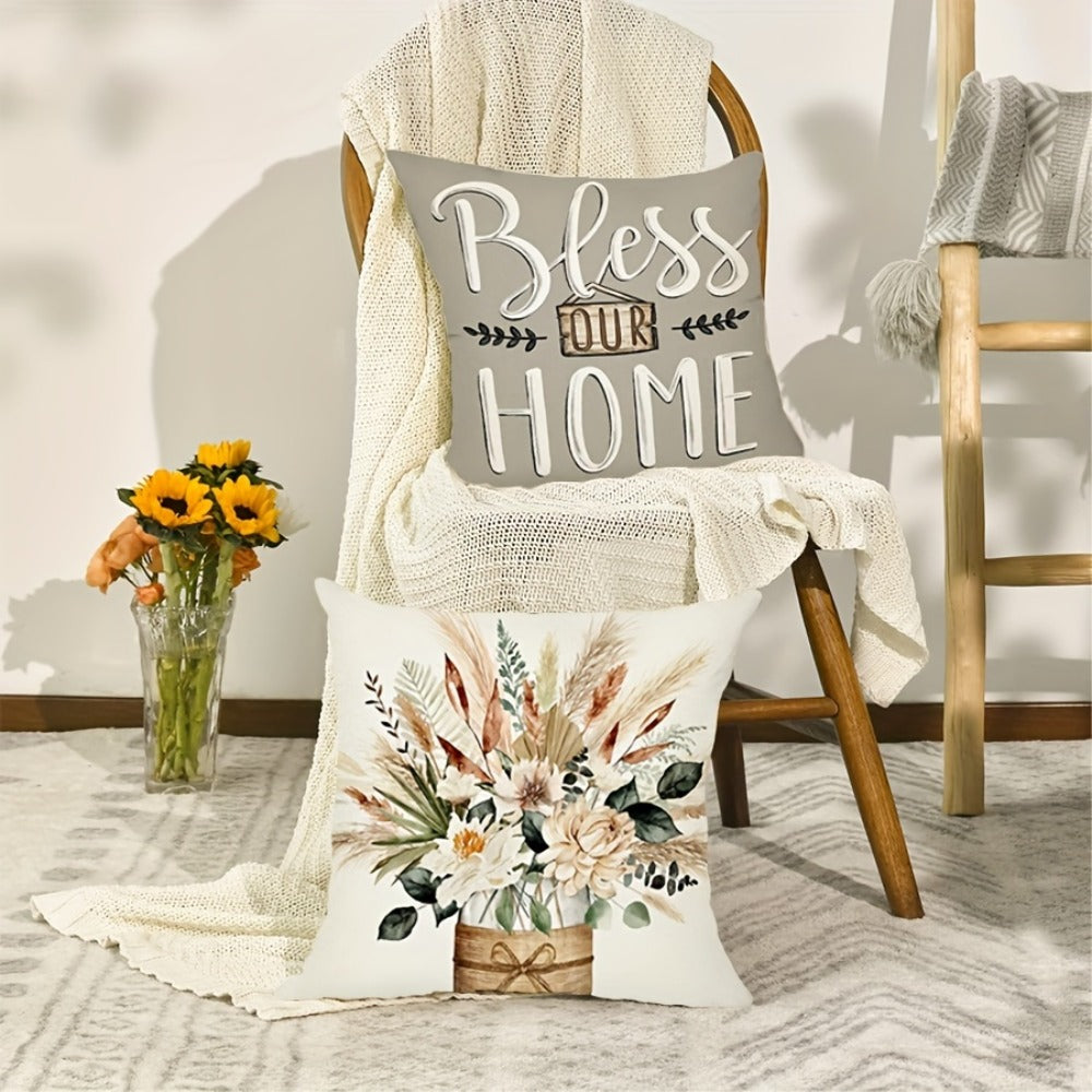 Eucalyptus Leaf Pillow Covers Set of 4 Farmhouse Style White Gray Decorative Throw Pillow Cases - 18x18 Inch Indoor Outdoor Sofa Chair Accent Cushion Covers, Soft Chic Botanical Print, Insert Not Included