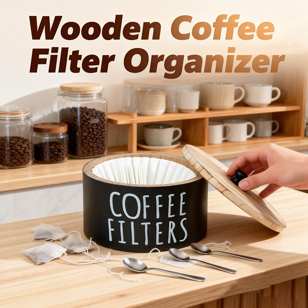 Wooden Coffee Filter Holder with Lid ¨C Large Capacity Rustic Round Organizer Dispenser for Coffee Filters & Tea Bags, Bamboo Lid, Kitchen Countertop Coffee Bar Decor