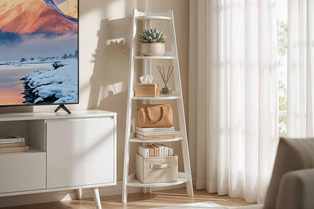 Corner Shelf 5-Tier Scandinavian Storage Cabinet ¨C Space-Saving Vertical Organizer with Baskets, Shelves & Drawer, Modern Plastic Corner Rack for Home, Study, Balcony & Bathroom (White)