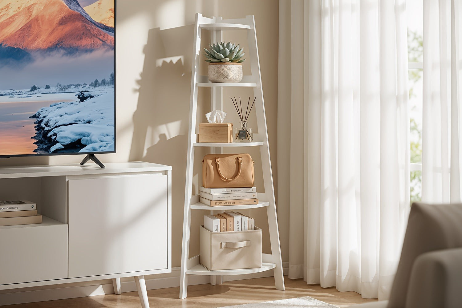 Corner Shelf 5-Tier Scandinavian Storage Cabinet ¨C Space-Saving Vertical Organizer with Baskets, Shelves & Drawer, Modern Plastic Corner Rack for Home, Study, Balcony & Bathroom (White)