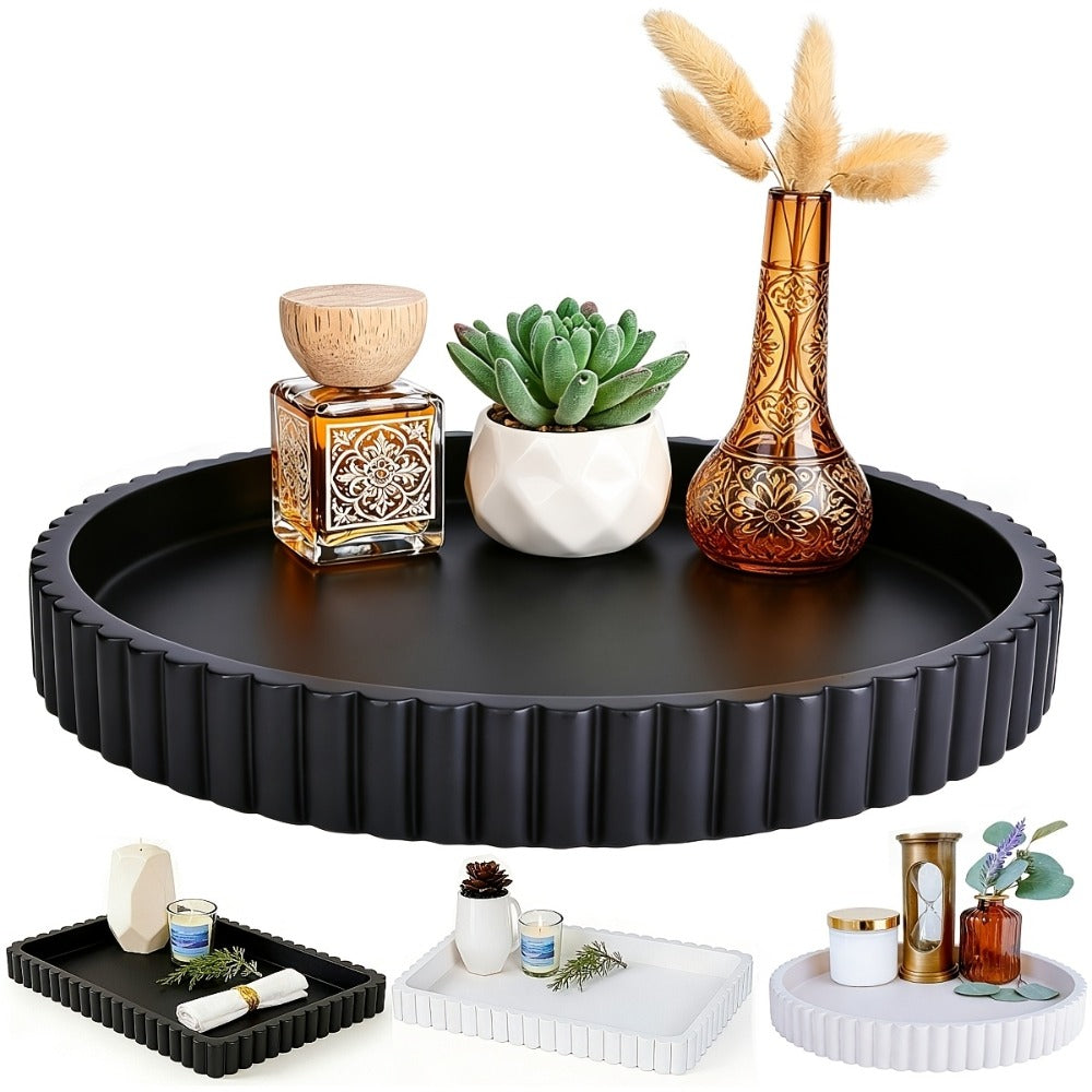 Wood Decorative Tray for Coffee Table 11 Inch Round Boho Serving Tray Wooden Centerpiece for Living Room Ottoman Console Table Jewelry Organizer Accent Decor Tabletop Storage Tray White Black
