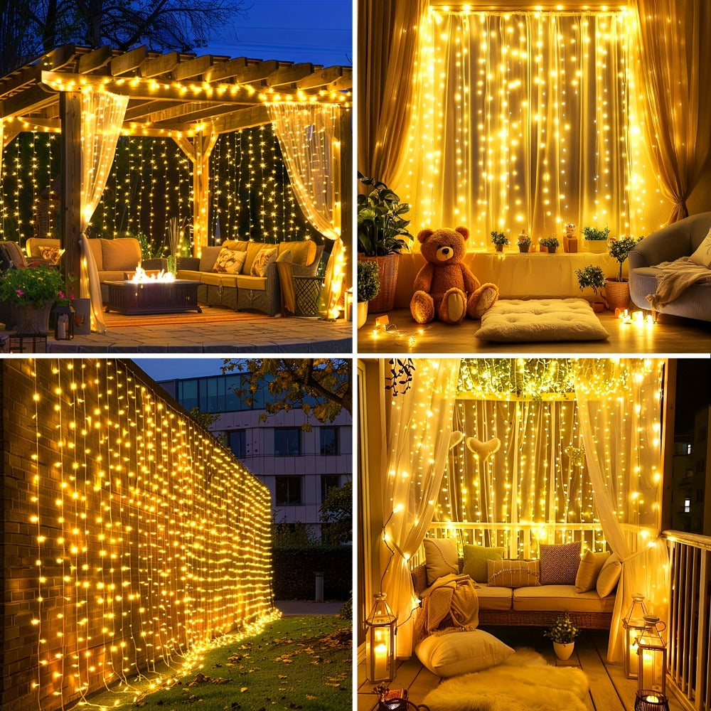 Solar String Lights Outdoor 300 LED Waterfall Fairy Lights, USB Rechargeable with Remote Control, Twinkling Warm White Color White, for Patio Gazebo Garden Backyard Tree Wedding Party Decoration