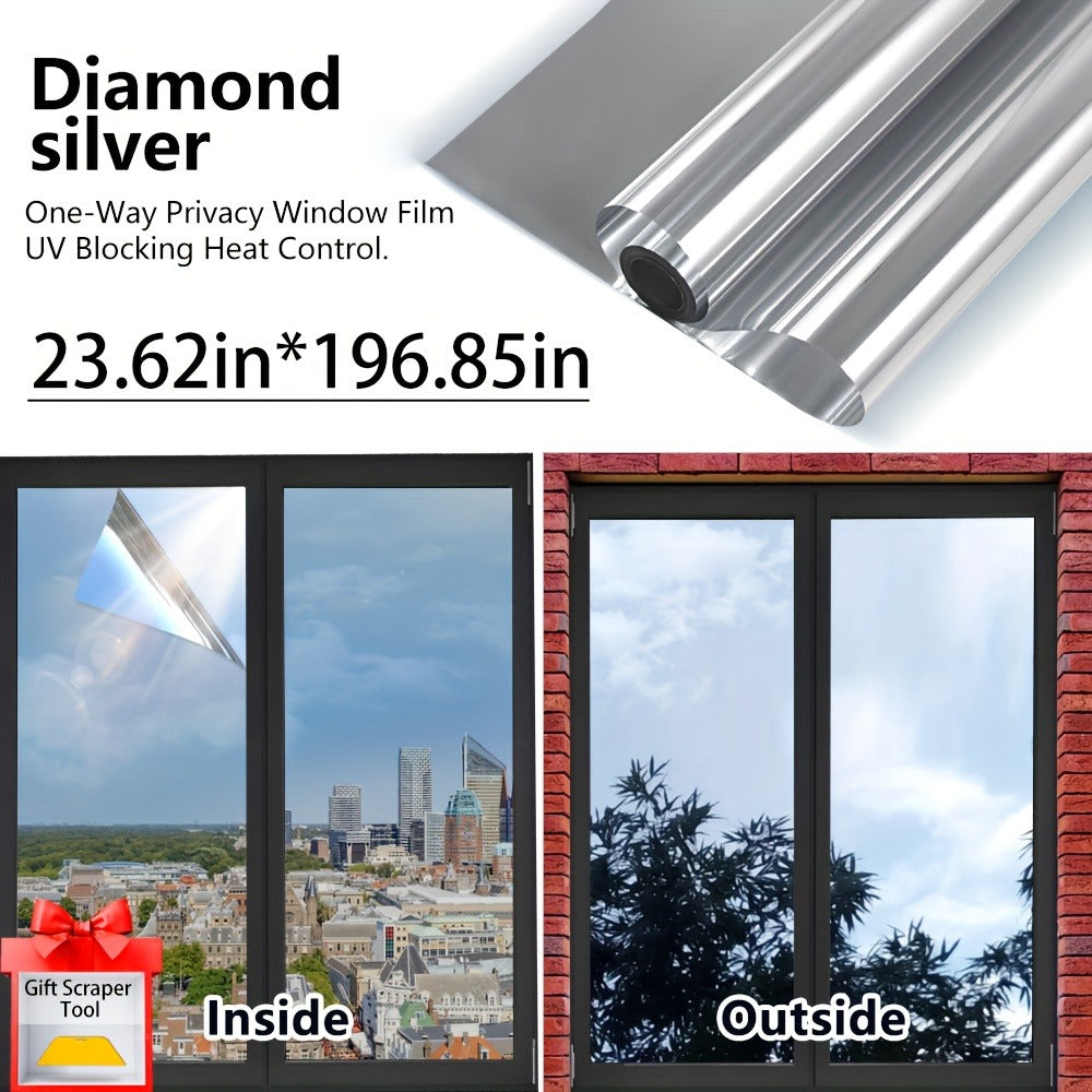 One Way Privacy Window Film Static Cling No Glue - Heat Control Anti-Glare Sun Blocking Reflective Mirror Tint for Home Office Hotel, Nano Ceramic 5Mil PVC, Easy Install Removable Window Privacy Film