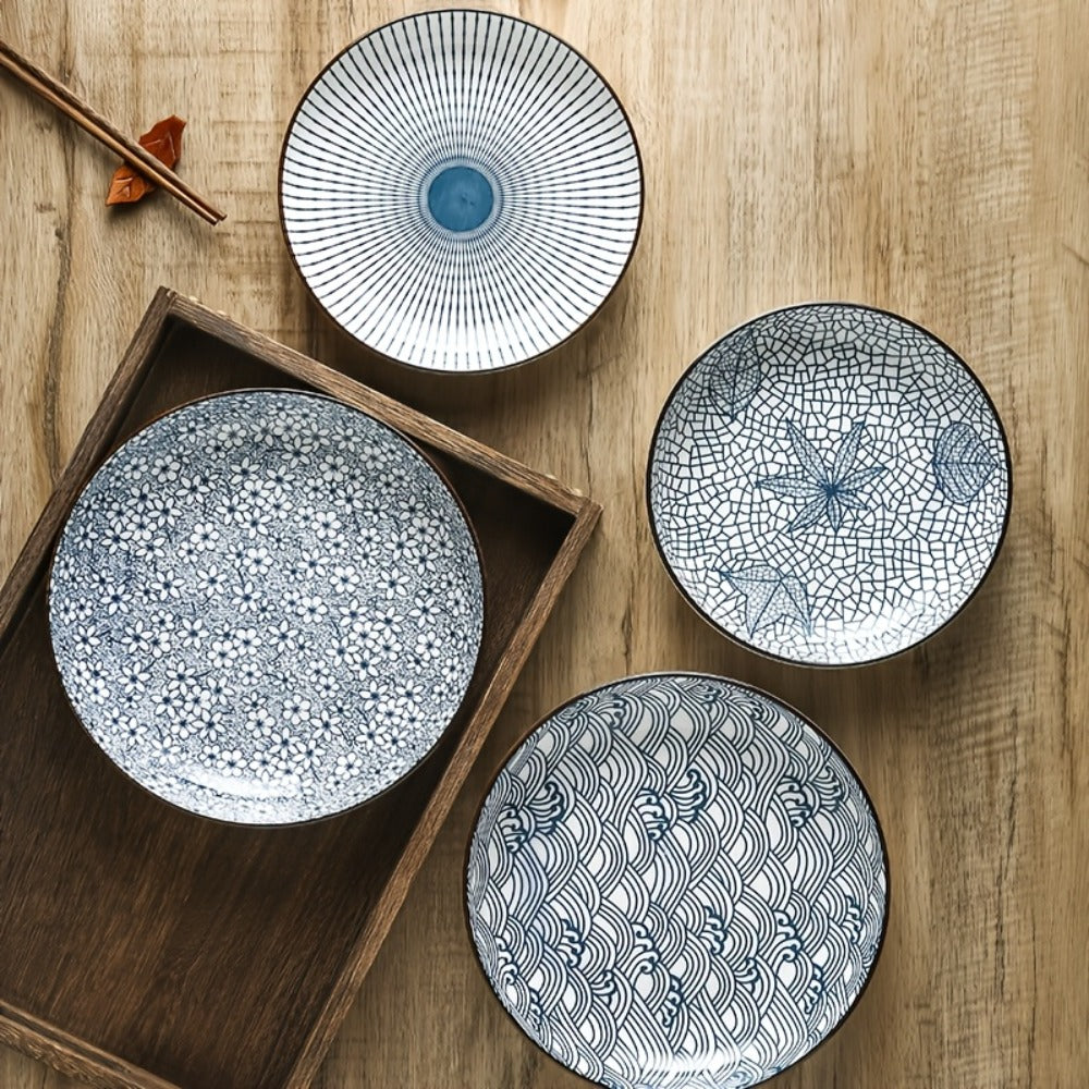 Blue White Ceramic Plates Set of 4 Round Shallow Serving Plates for Pasta Salad Bread Desserts - Holiday Dinnerware for Christmas Easter Thanksgiving Table Settings, Easy to Clean Dishwasher Safe