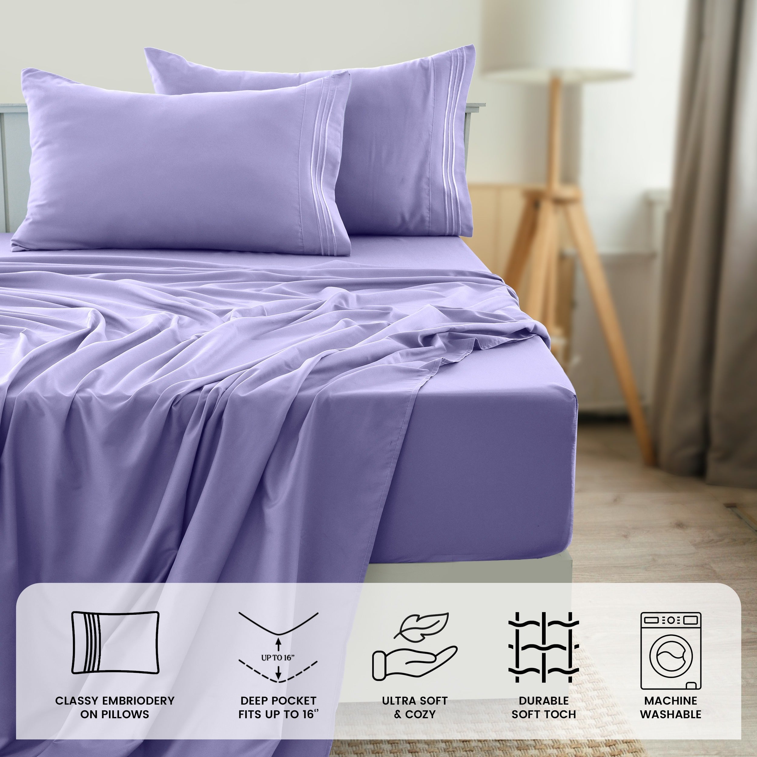 Fitted Sheet Set 6-Piece Brushed Polyester Deep Pocket Bed Sheets 20 Colors Hotel Luxury Soft Bedding with Embroidered Pillowcases