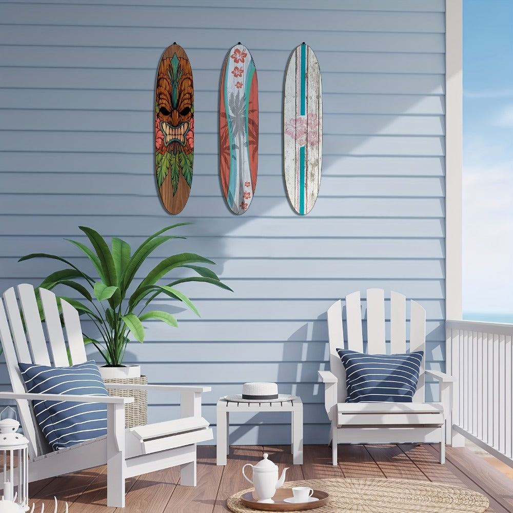 Wooden Surfboard Wall Art 15.74¡± ¨C Rustic Tropical Beach Decor with Hibiscus & Tiki Mask Design, Frameless Recycled Wood Wall Hanging for Hawaiian Bar, Home, Summer & Vacation Theme Decor